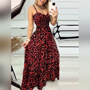 Full Size Scarlet Red & Black Leopard Print Spaghetti Strap Maxi Dress Plus Size